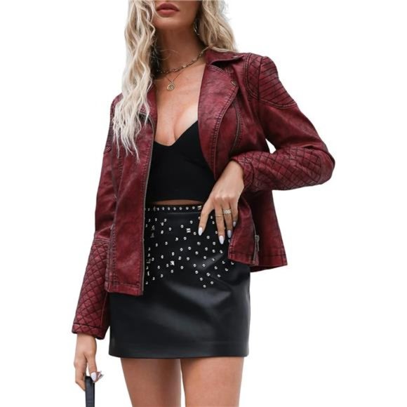 Red Faux Leather Moto Jacket Fitted Quilted Bomber Motorcycle Biker Jacket Coat - Picture 4 of 8